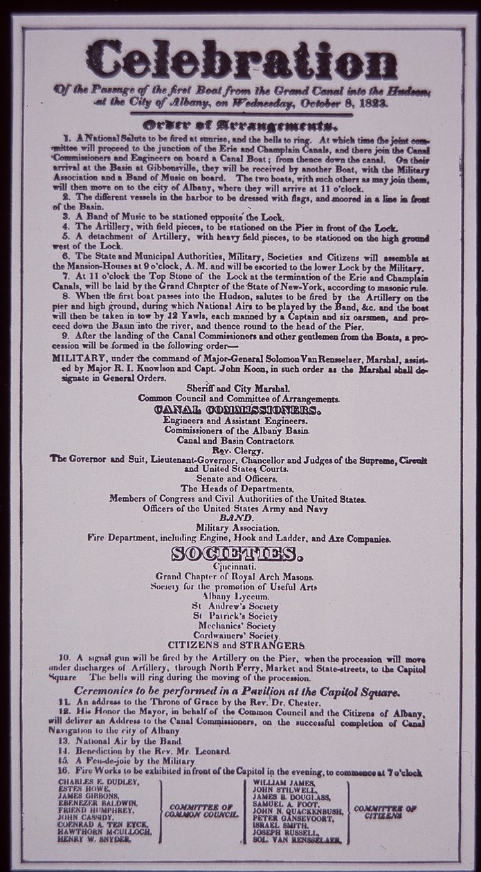 Canal Erie: parte clave del Sistema de Canales del Estado de Nueva York; Anuncio del 8 de octubre de 1823 celebrando su apertura (completado en 1825) de American School