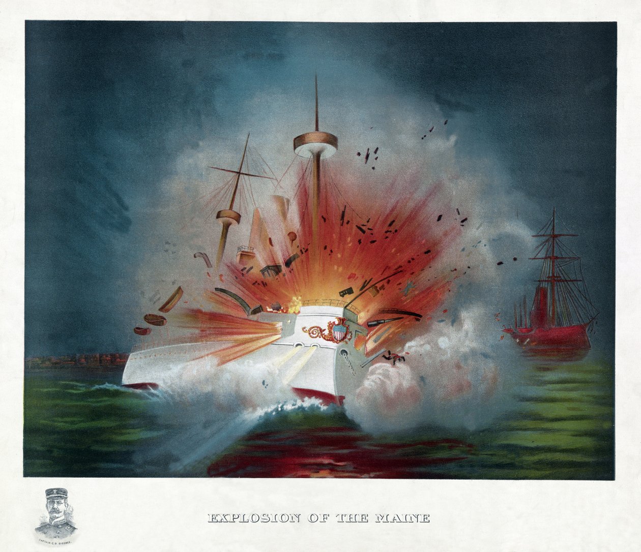 Explosión del Maine, pub. 1898 (litografía en color) de American School