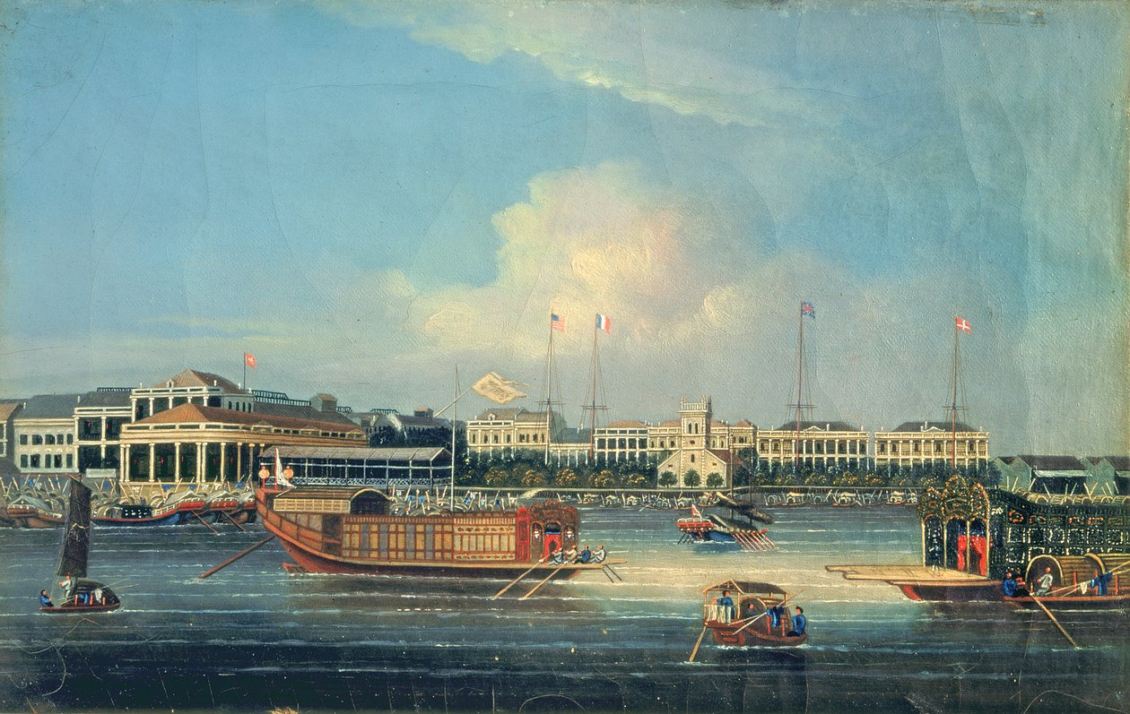 Fábricas en Cantón, desde el puerto, China, 1850 de American School