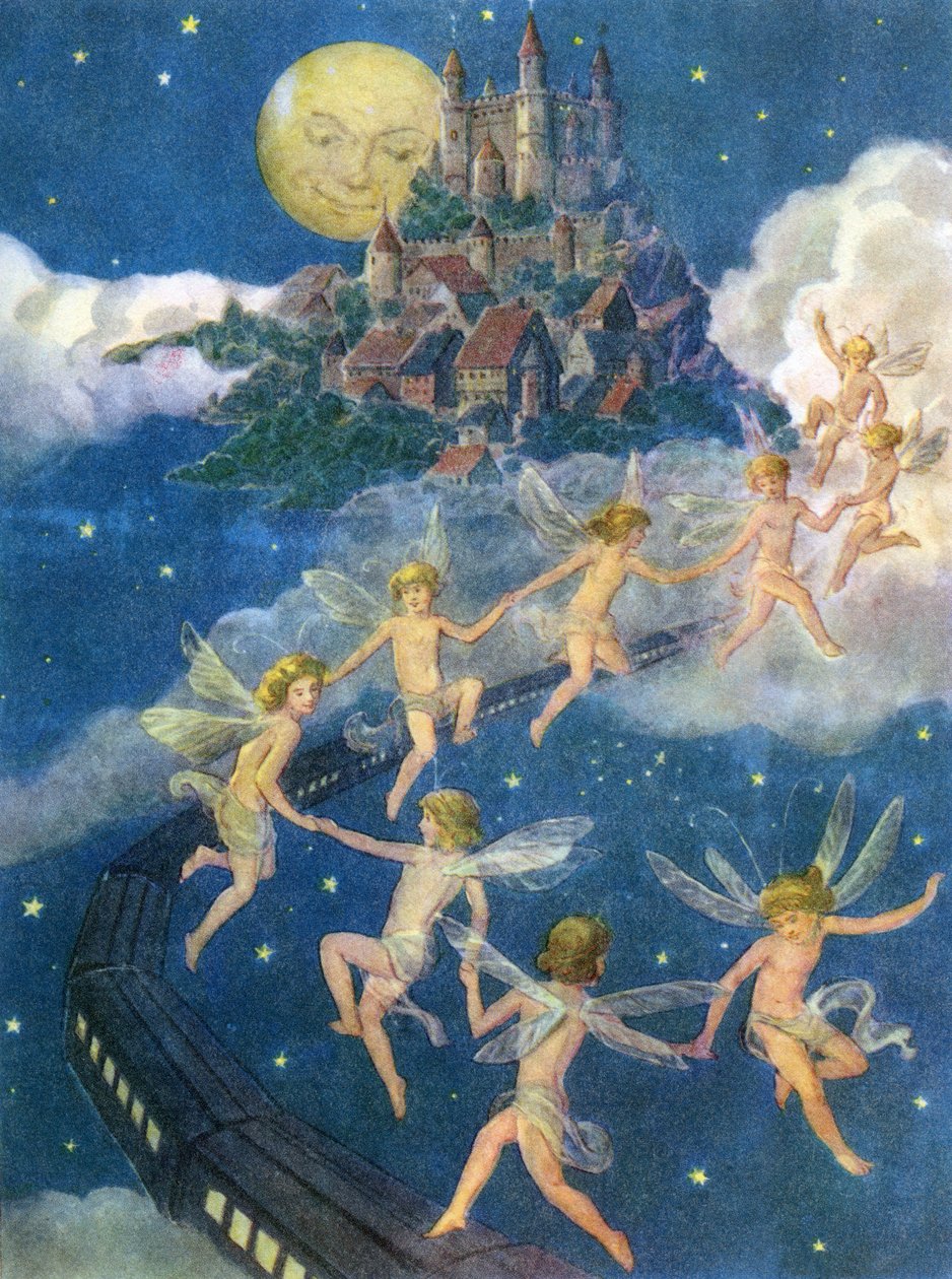 Hadas volando hacia un castillo en el cielo de American School