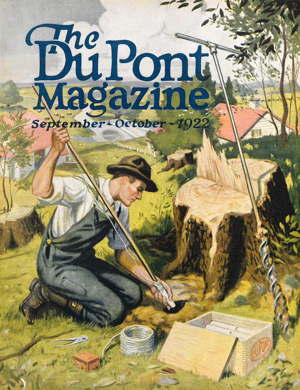 Agricultor plantando dinamita DuPont, portada de la revista DuPont, septiembre-octubre 1922 de American School