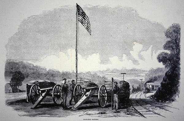 Batería de sacos de arena federal para proteger el ferrocarril durante la Guerra Civil Americana (1861-65) de American School
