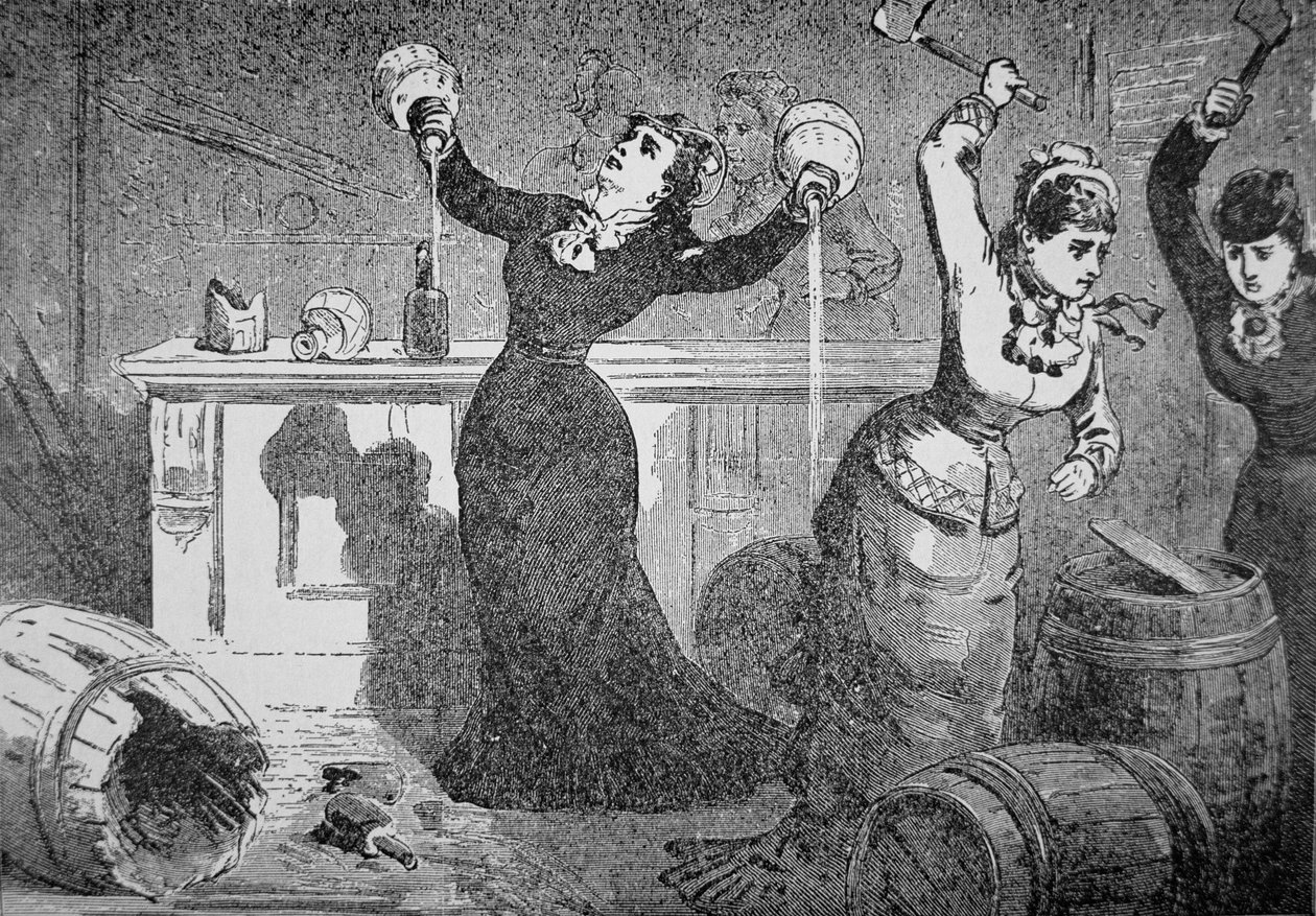 Miembros femeninos de la Liga Anti-Saloon destrozan un salón, Fredericktown, Ohio, de la 