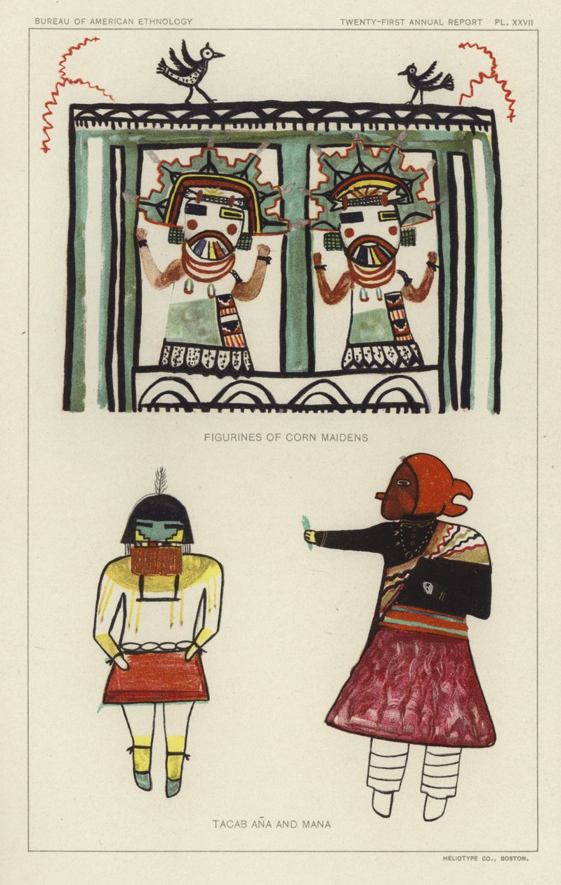 Figurillas de doncellas del maíz, Tacab Ana y Mana (litografía en color) de American School