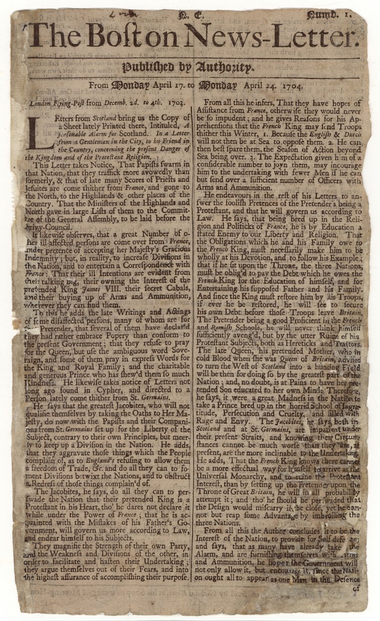 Primera edición del Boston News-Letter, 1704 (papel de periódico) de American School
