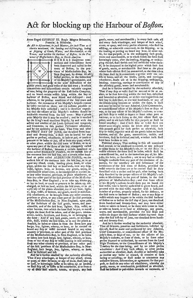 Primera página de un cartel que describe la Ley para Bloquear el Puerto de Boston, 1774 de American School