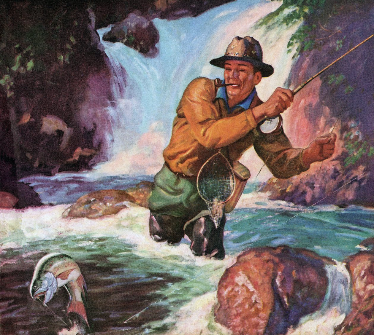 Pescador con mosca en un río capturando una trucha común de American School