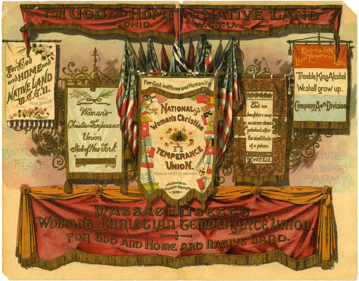 Por Dios, el hogar y la tierra natal... Unión Cristiana de Mujeres por la Templanza, Banderas de batalla del Ejército de la Cinta Blanca, 1885 de American School