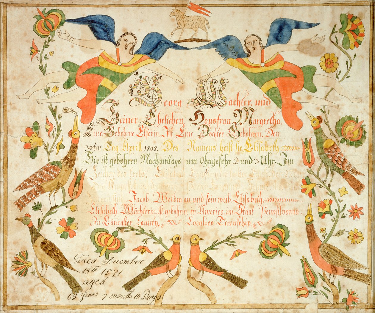 Fraktur para el certificado de nacimiento y bautismo de Elizabeth Wachter (1808-71) 1808 (tinta y acuarela sobre papel) de American School