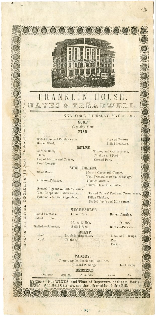 Menú de Franklin House para el 23 de mayo de 1844 de American School