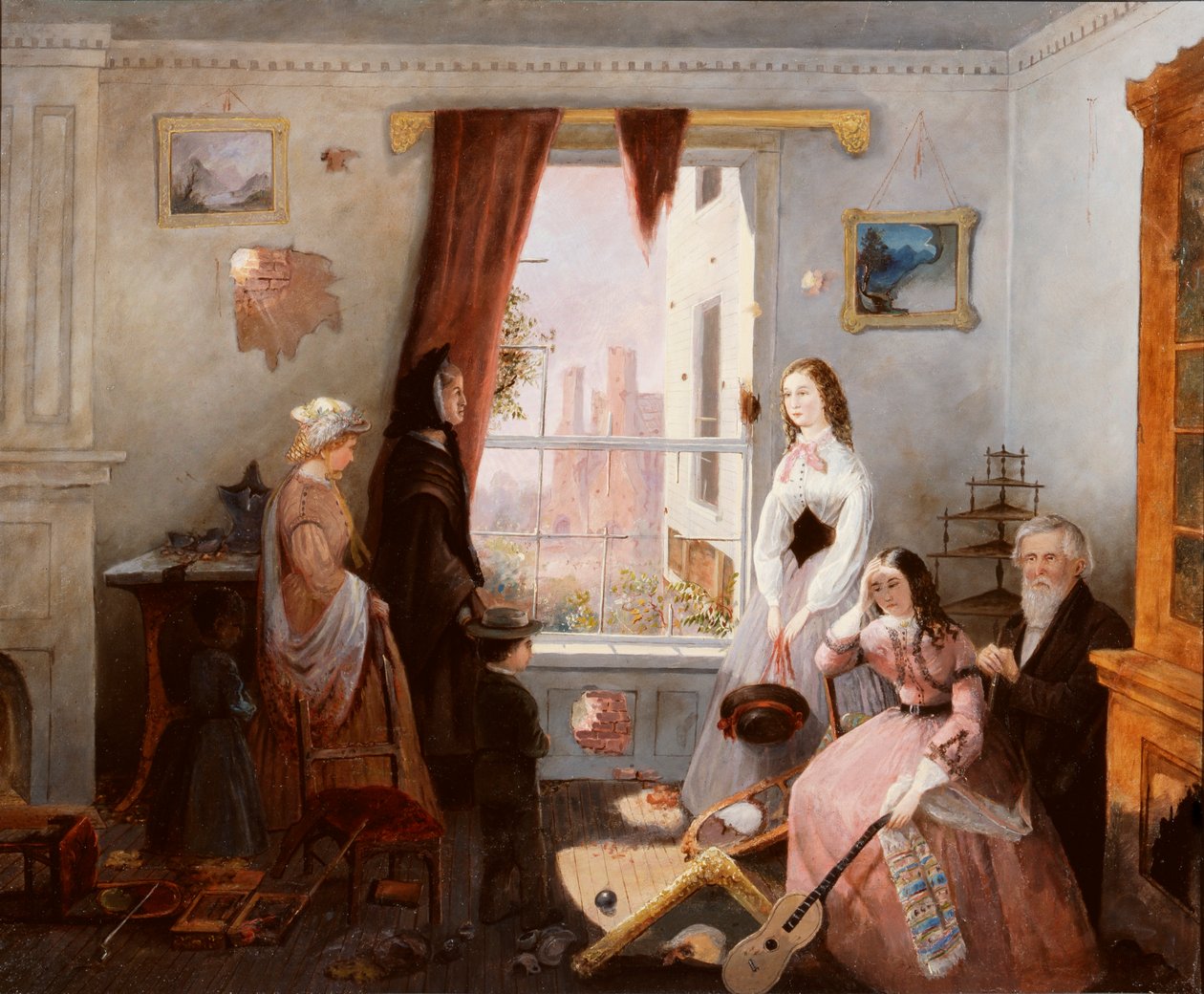 Familia de Fredericksburg en una casa destrozada por la guerra (óleo sobre tabla) de American School