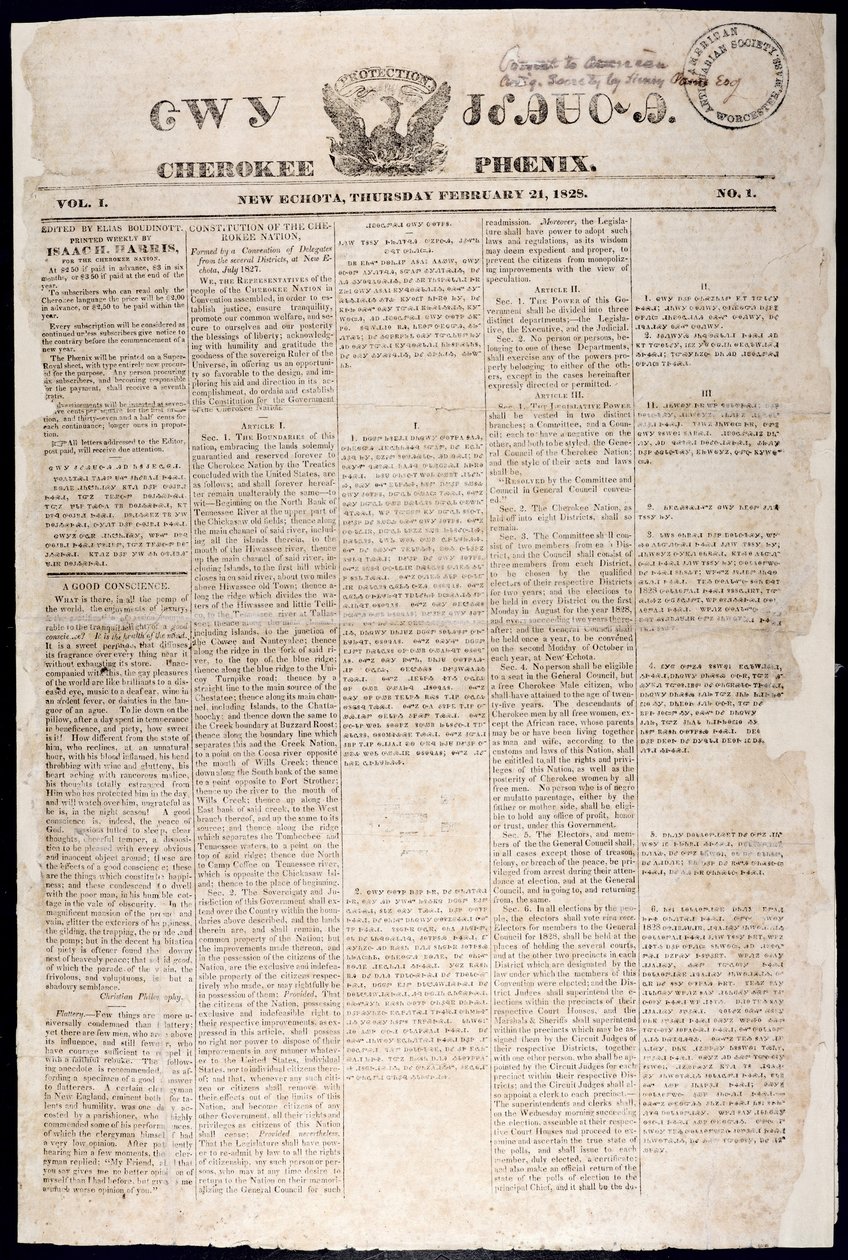 Primera página del Cherokee Phoenix, 21 de febrero de 1828 de American School