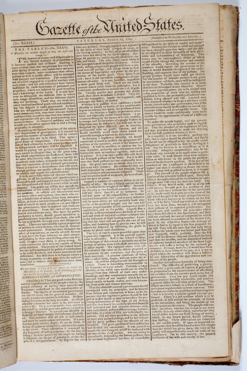 Primera página de la Gazette of the United States, 15 de abril de 1789 de American School