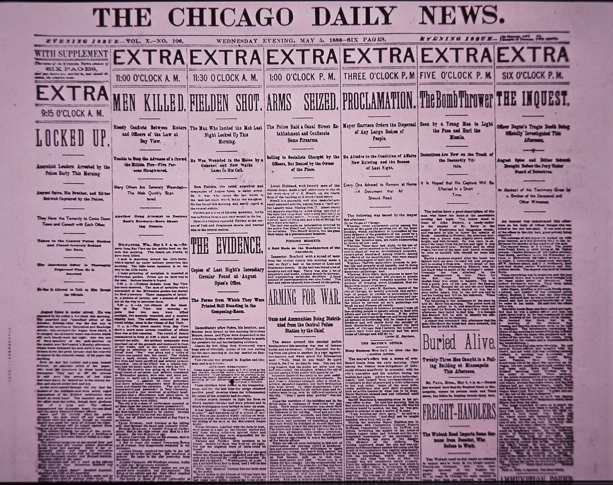 Primera página de The Chicago Daily News informando sobre el motín laboral de Haymarket en Chicago, 5 de mayo de 1886 de American School