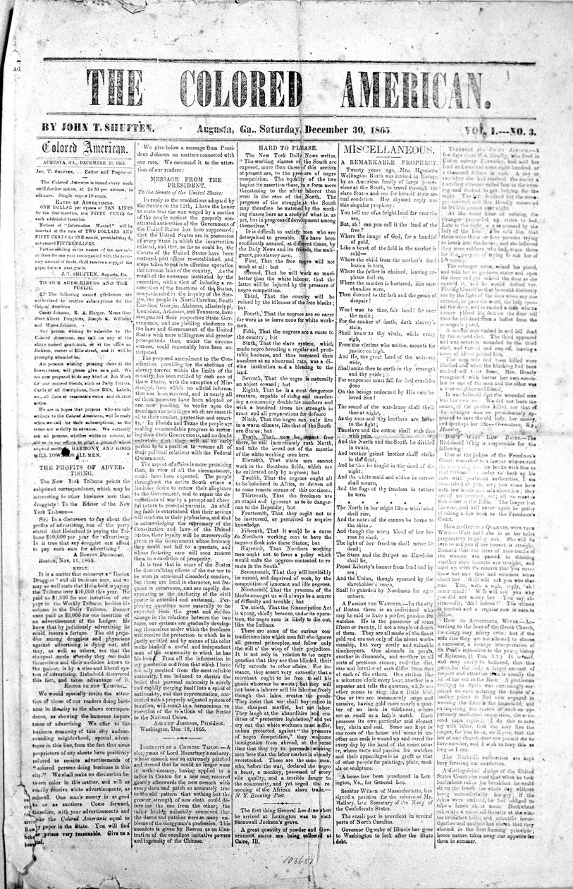 Portada de The Colored American, 30 de diciembre de 1865 de American School