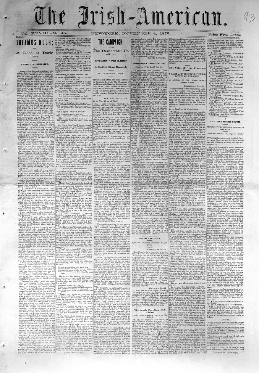 Portada de The Irish-American, publicado en Nueva York, 4 de noviembre de 1876 de American School