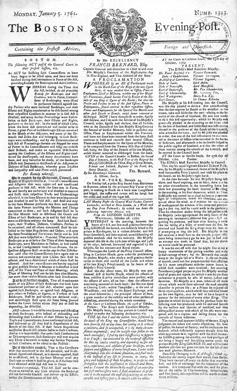 Primera página del Boston Evening Post anunciando la muerte del Rey Jorge II (1683-1760), 5 de enero de 1761 de American School