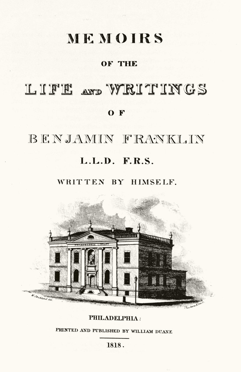 Frontispicio de “Memorias de la vida y escritos de Benjamin Franklin” autobiografía de Benjamin Franklin. Edición de 1818. de American School