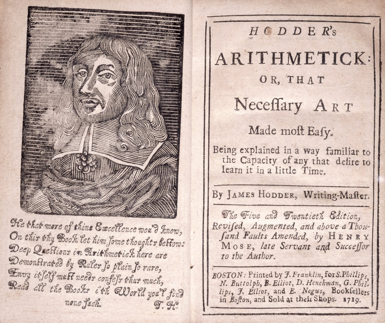 Frontispicio y página de título de Aritmética de Hodder o, Ese Arte Necesario Hecho más Fácil, por James Hodder, 1719 de American School