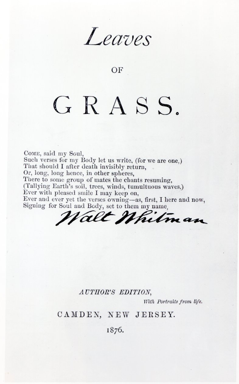 Frontispicio de Hojas de Hierba de Walt Whitman (1819-92), pub. en 1876 de American School