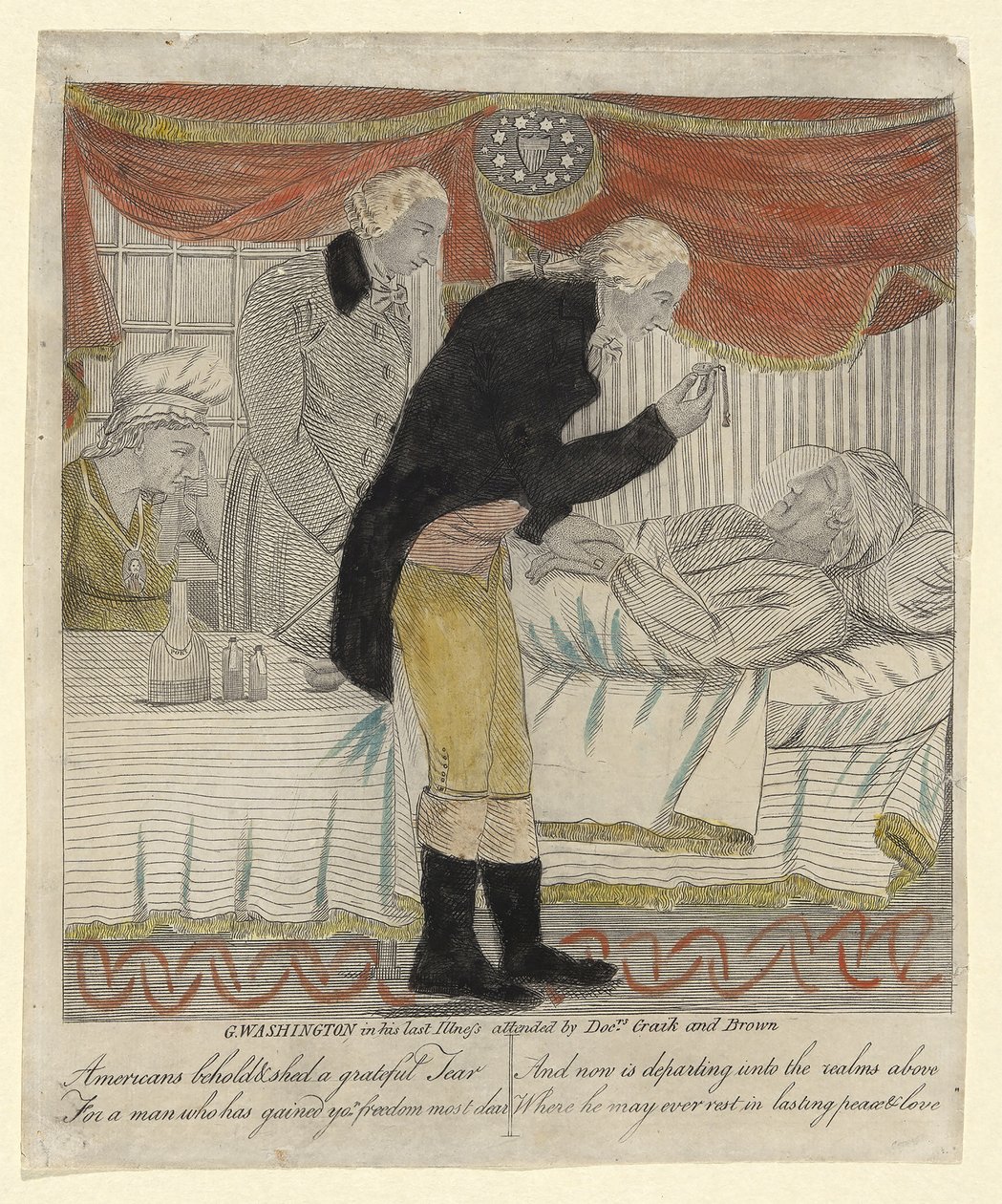 G. Washington en su última enfermedad, atendido por los Drs Craik y Brown, pub. c.1800 de American School
