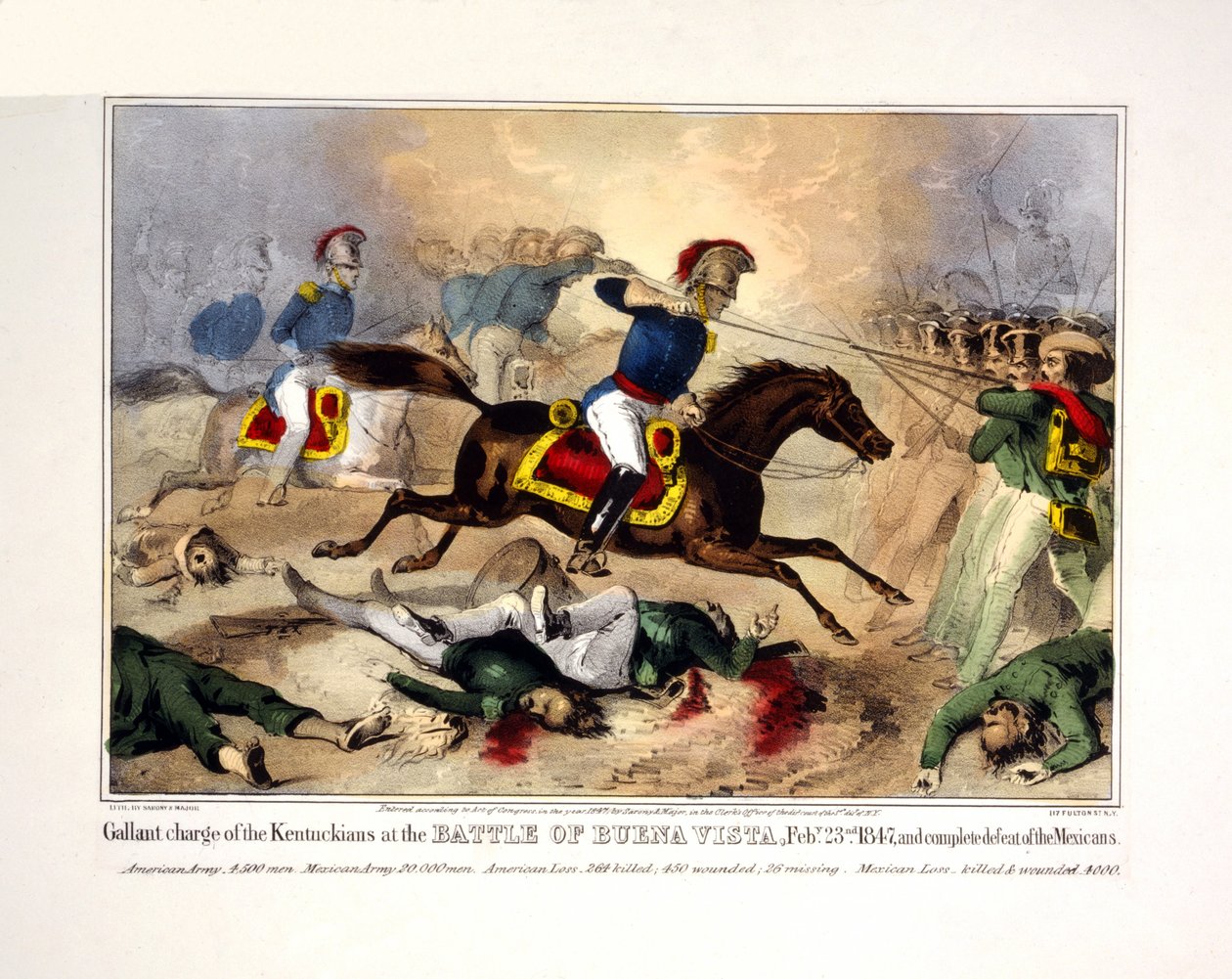 Galante carga de los Kentuckianos en la batalla de Buena Vista, Feby. 23 de febrero de 1847 y derrota completa de los mexicanos, pub. 1847 (litografía coloreada a mano) de American School
