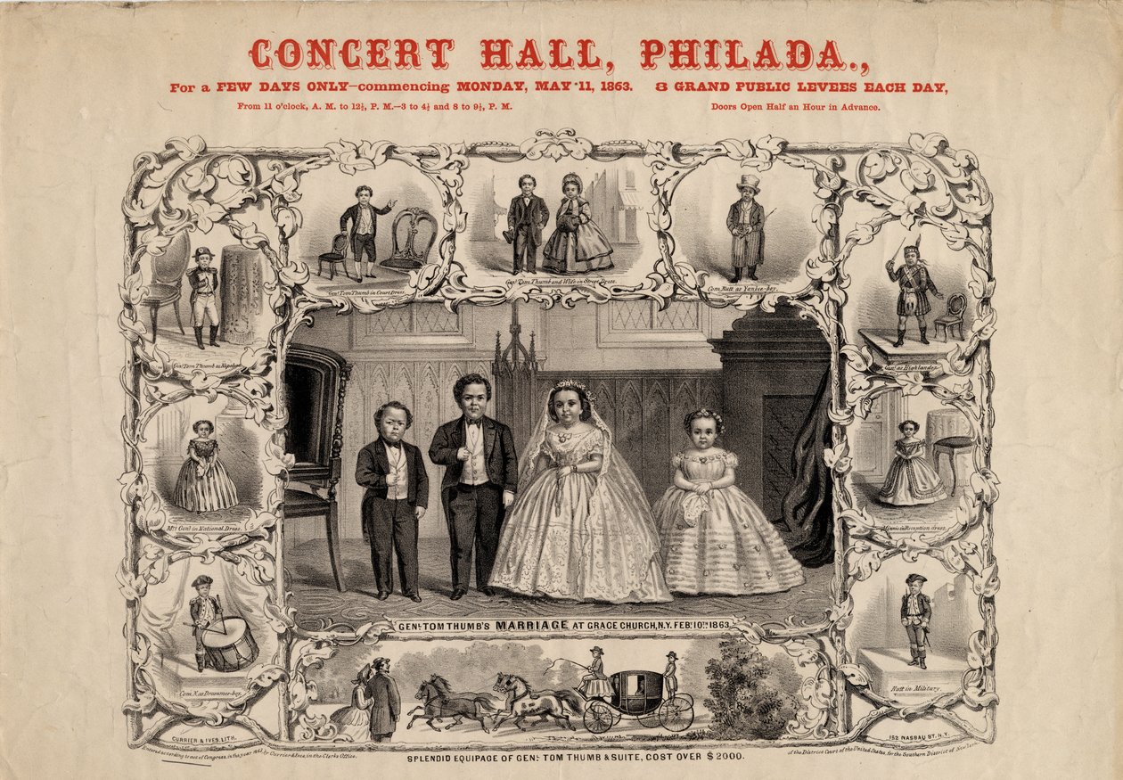 El General Tom Thumb y su esposa, Com. Nutt y la Srta. Minnie Warren de American School
