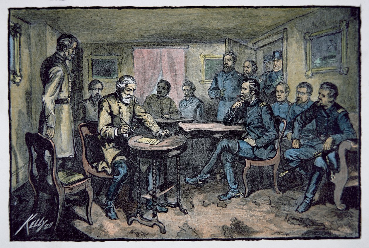 El General Robert E. Lee (1807-70) se rinde al General Ulysses S. Grant (1822-85) en el Palacio de Justicia de Appomattox, 9 de abril de 1865 de American School