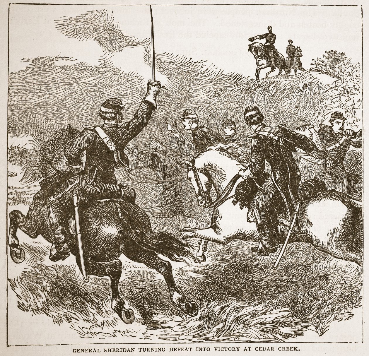 El General Sheridan convirtiendo la derrota en victoria en Cedar Creek, de un libro publicado en 1896 de American School