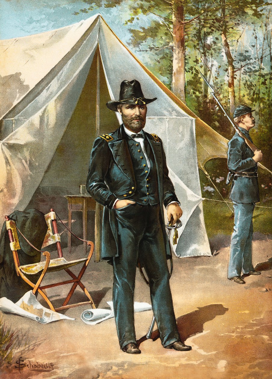 General Ulysses S. Grant frente a su tienda durante la Guerra Civil Americana, pub. 1892 de American School
