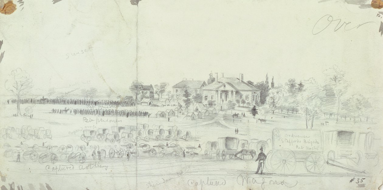 Vista general al final de la batalla, de los Cuadernos de Bocetos de la Guerra Civil de American School