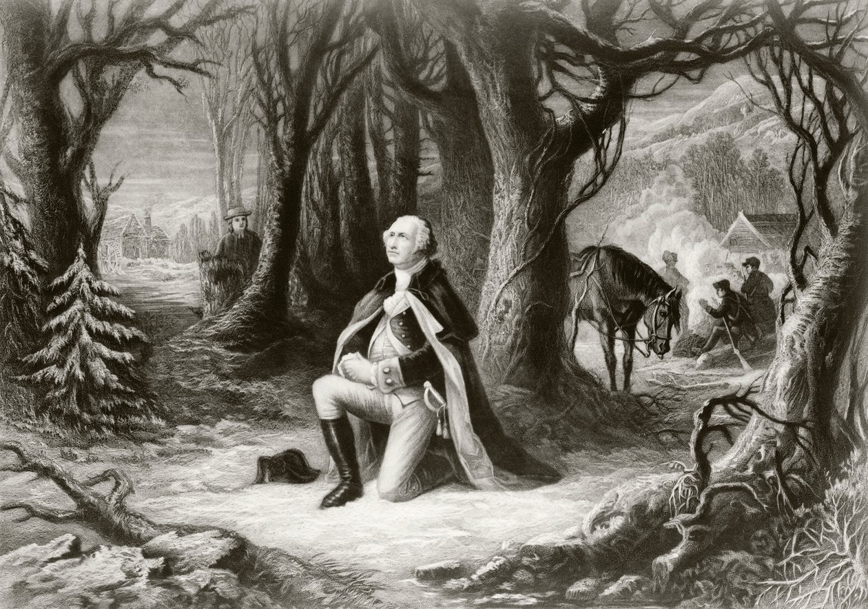 George Washington rezando en el campamento de la Guerra Revolucionaria Americana en Valley Forge durante el invierno de 1777-78, después de una pintura de Henry Brueckner de American School
