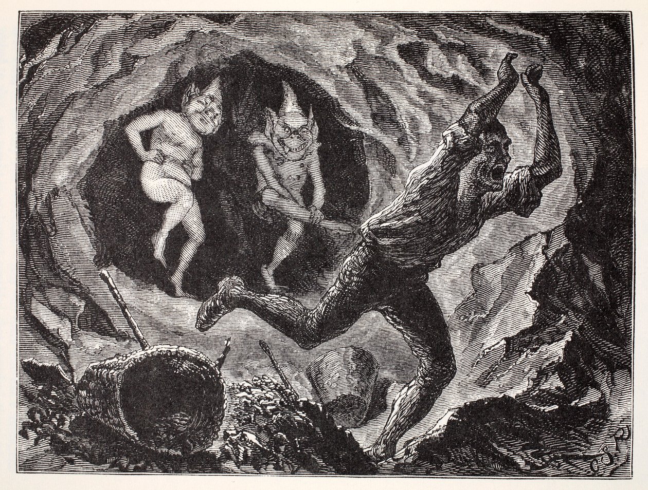 Gnomos Aterrorizando a un Minero, de La Guía Mundial de Gnomos, Hadas, Elfos y Otros Seres Pequeños por Thomas Keightley (1789-1872) Publicado 1880 de American School