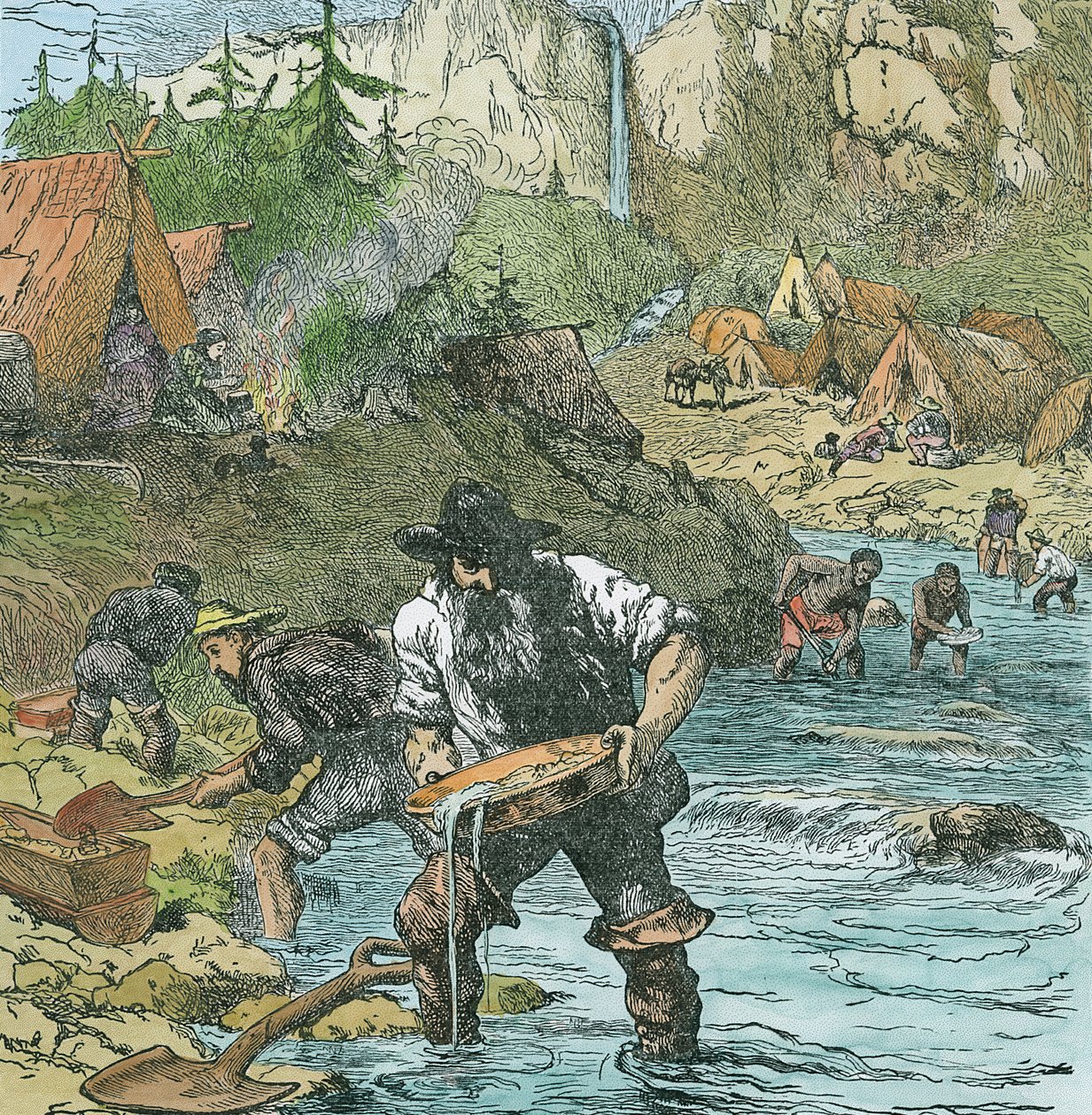 Lavado de oro en California, de un libro pub. 1896 (grabado coloreado a mano) de American School