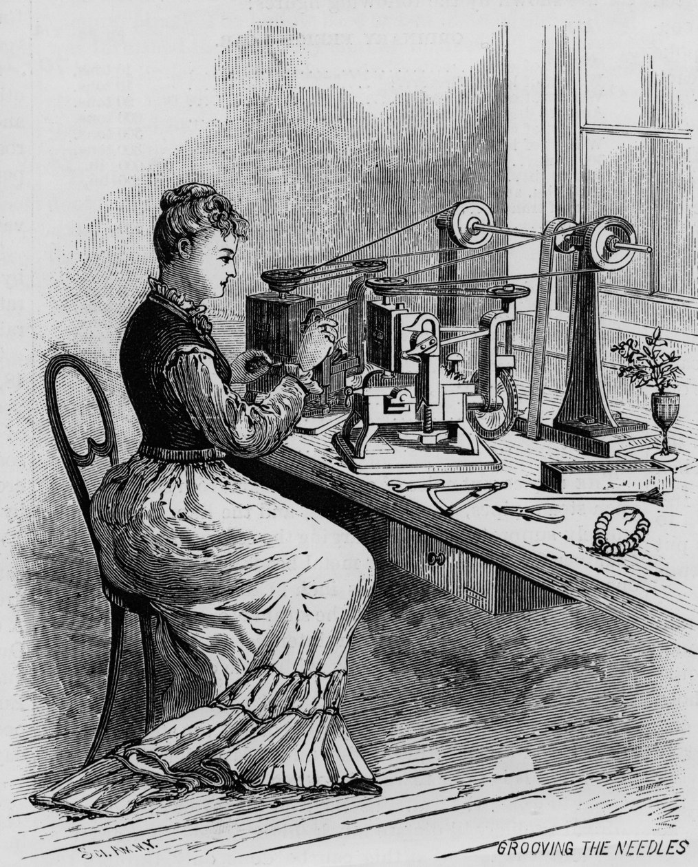 Ranurando las agujas, ilustración que muestra la fabricación de máquinas de coser de la revista Scientific American, 1879 de American School