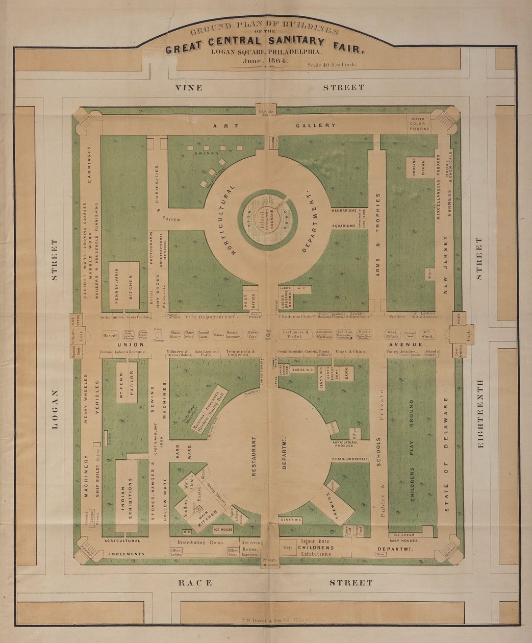 Plano de los edificios de la Gran Feria Sanitaria Central, Logan Square, junio de 1864 (litografía en color) de American School