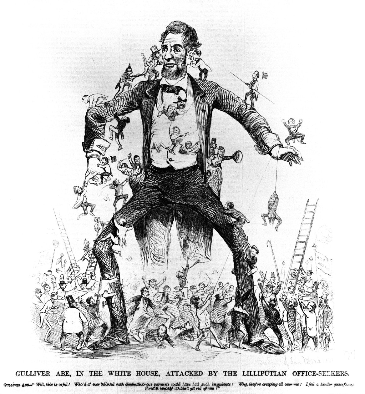 Gulliver Abe, en la Casa Blanca, Atacado por los Solicitantes de Oficinas Lilliputienses, de Frank Leslies Budget of Fun, 15 de marzo de 1861 de American School