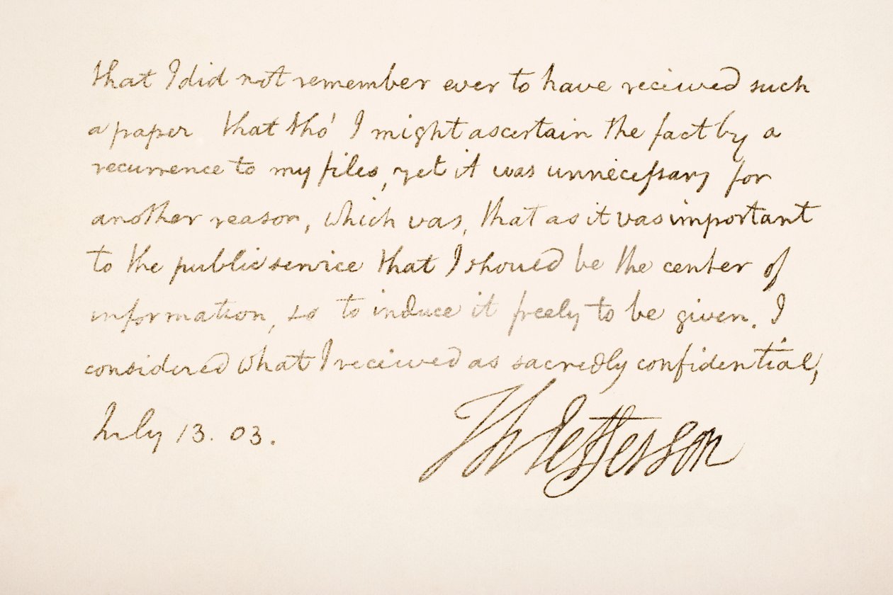 Caligrafía y firma de Thomas Jefferson, 1803 de American School