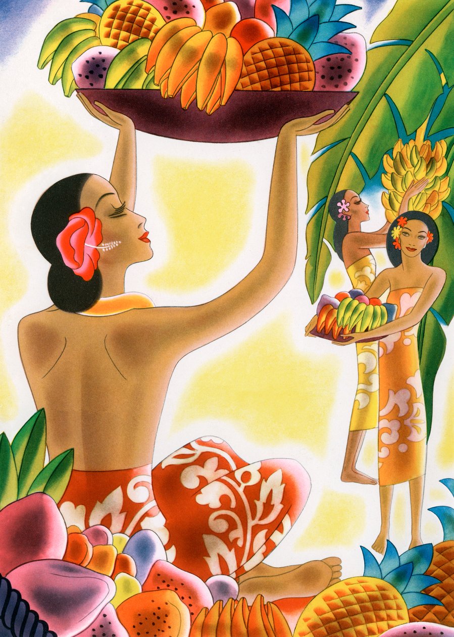 Mujeres hawaianas cosechando frutas de American School