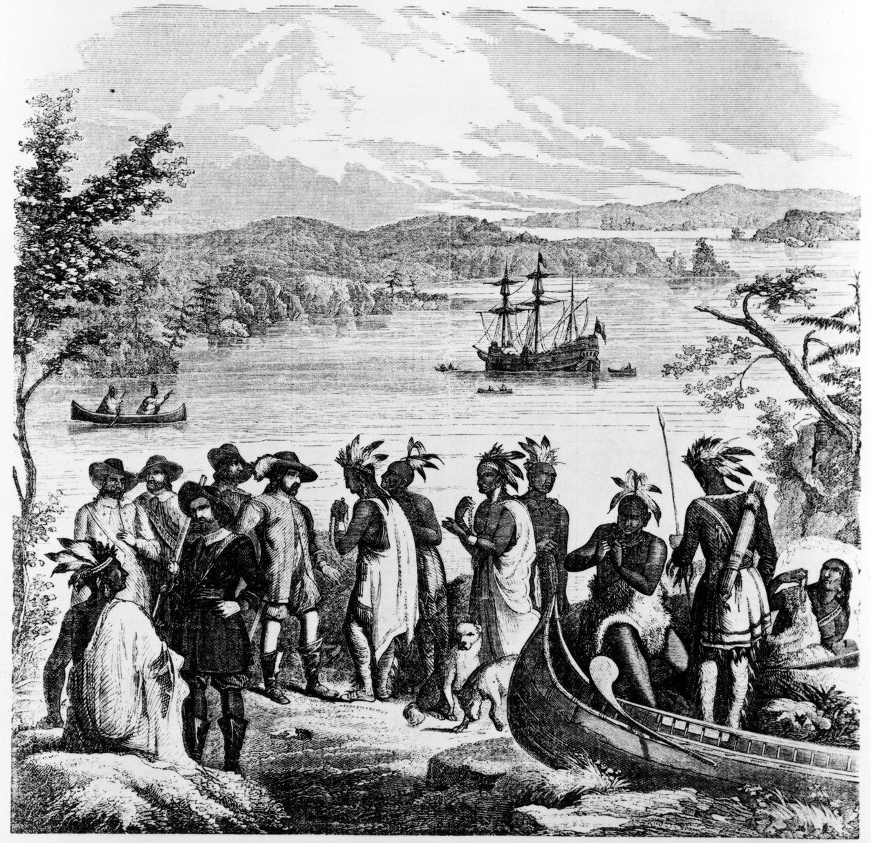 Henry Hudson descendiendo el río Hudson, ilustración de Ballou