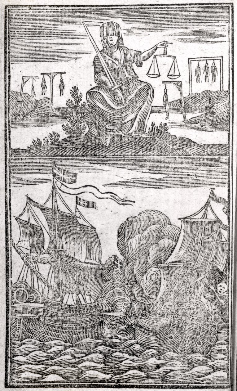 Historia y vidas de todos los piratas más notorios y sus tripulaciones, frontispicio, Londres, 1725 de American School