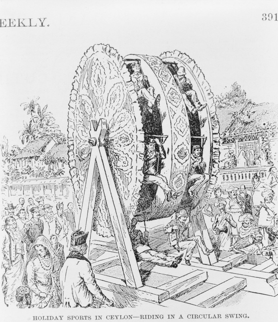 Deportes festivos en Ceilán, montando en una rueda circular, c.1893 de American School