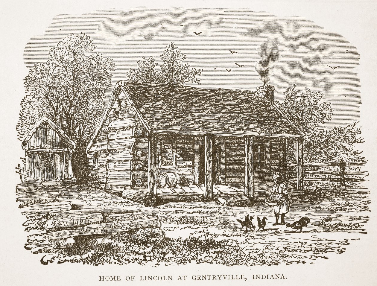 Hogar de Lincoln en Gentryville, Indiana, de un libro publicado en 1896 de American School