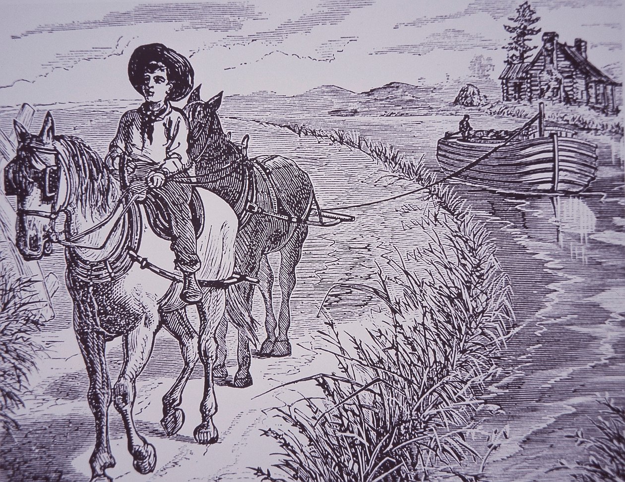Caballos tirando de un barco de canal en el camino de sirga, Canal Erie de American School