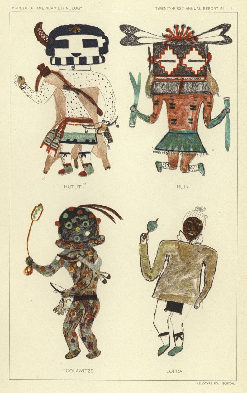 Hututu, Huik, Tcolawitze, Loiica (litografía en color) de American School