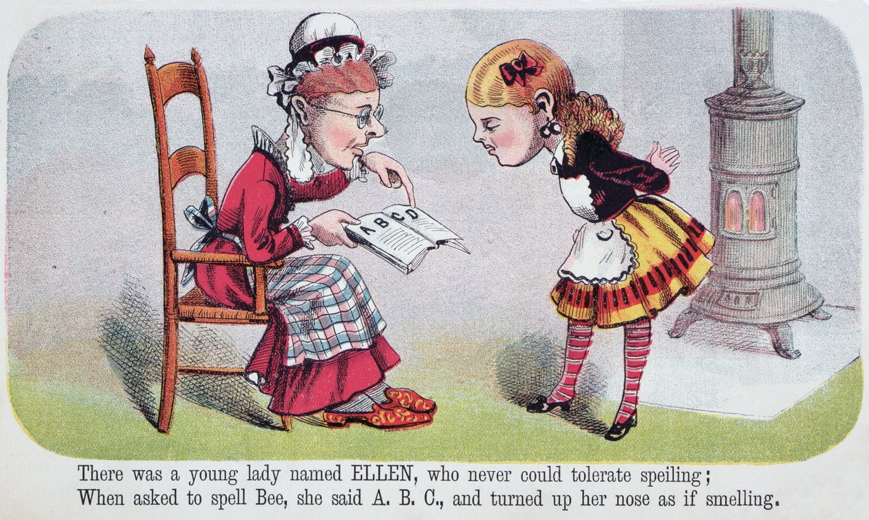 Ilustración de Ellen, una rima en Tonterías para Niñas, un folleto publicado por McLoughlin Brothers, Nueva York, 1874 de American School