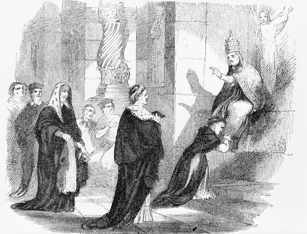 Ilustración de un folleto Anti-Católico que muestra a un sacerdote besando las vestiduras del Papa de American School