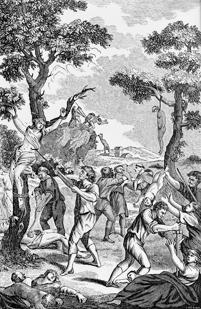 Ilustración de un folleto Anti-Católico que muestra a mujeres y niños siendo asesinados de American School