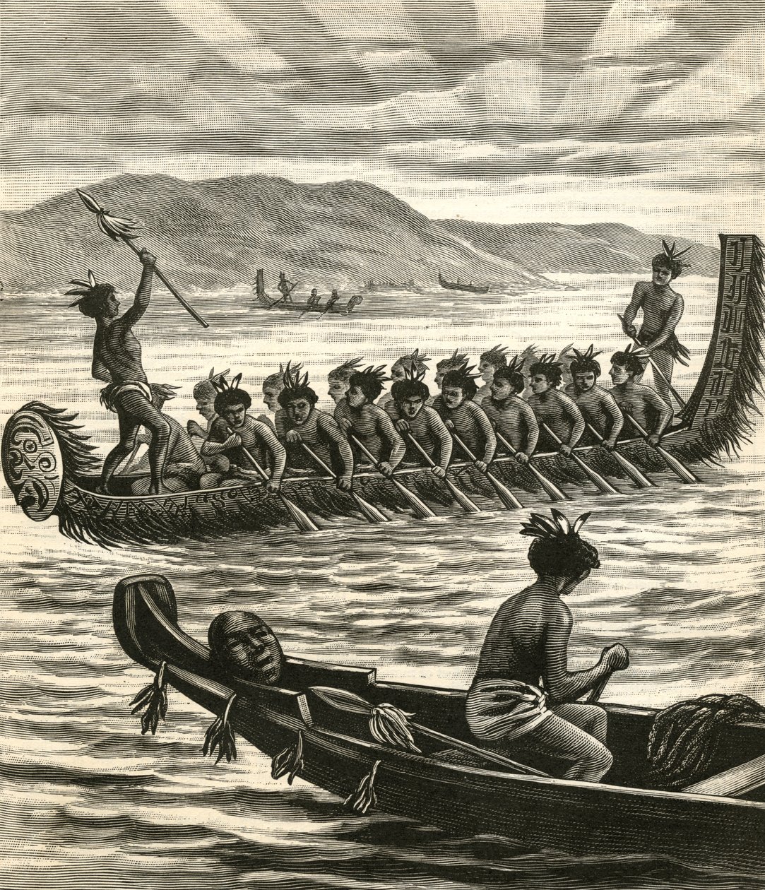 Ilustración de guerreros maoríes en canoas de American School
