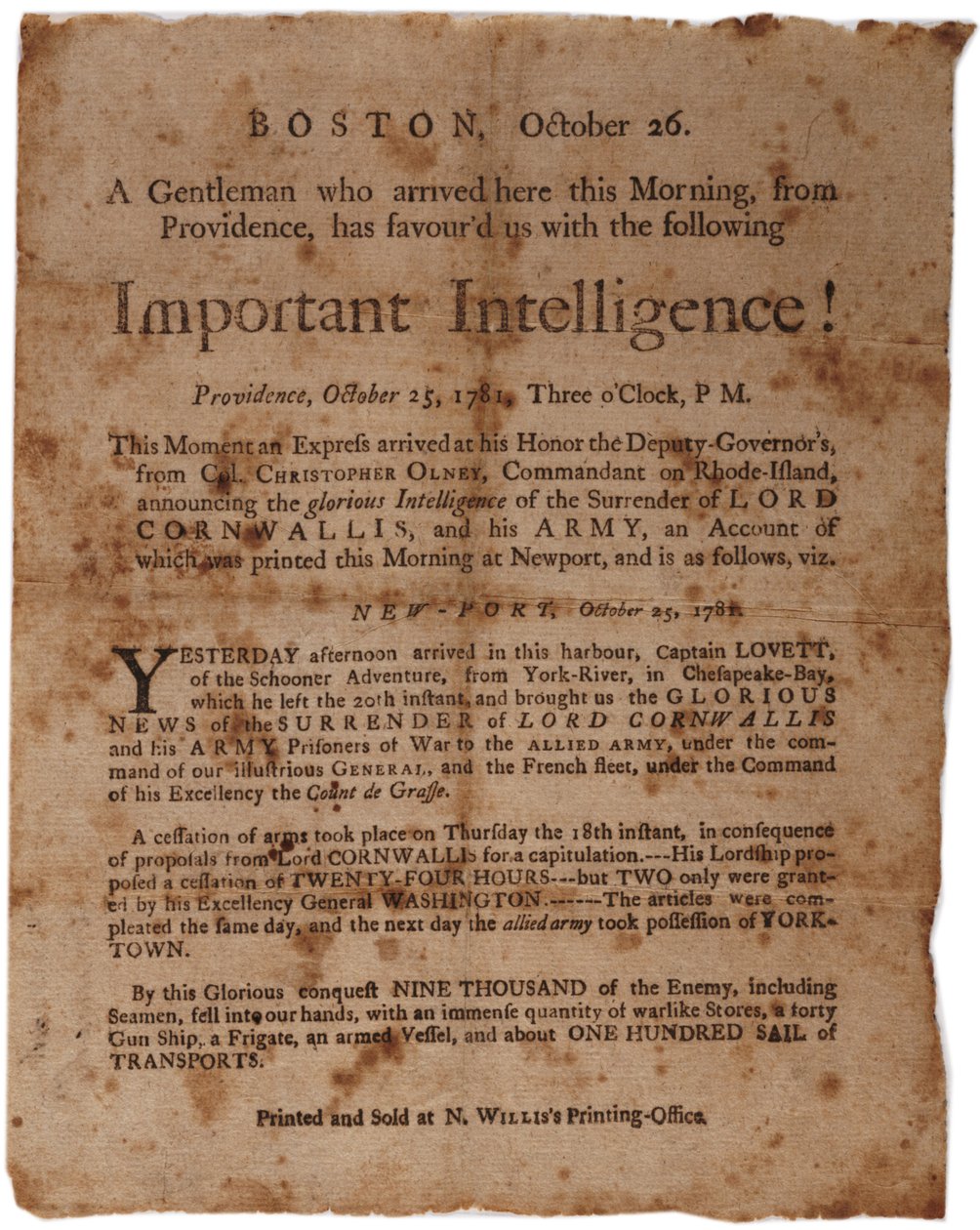 ¡Inteligencia Importante! (anunciando la rendición de Cornwallis en Yorktown), pequeño cartel impreso por M. Willis, Boston, 26 de octubre de 1781 de American School